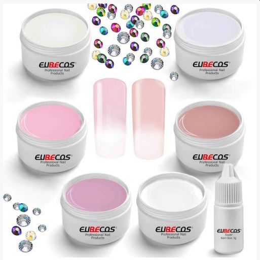 6x 5ml BABY-BOOMER GLAMOUR UV-GEL-SET mit 50 x Strass-Steinchen und Nagelkleber 3g